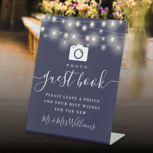 Signe De Table Navy Blue String Lights Photo Livre d'invité