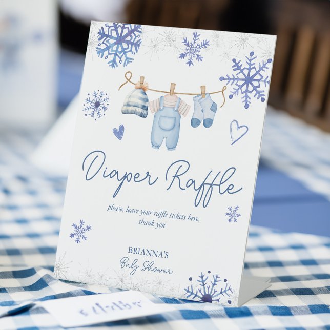 Signe De Table Neige dans l'amour hiver baby shower tombole de co (Snow in love blue snowflakes clothes line winter baby shower diaper raffle pedestal table sign )