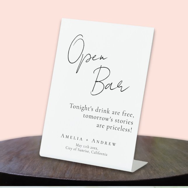 Signe De Table Noir Blanc Script élégant Mariage Open Bar (Créateur téléchargé)
