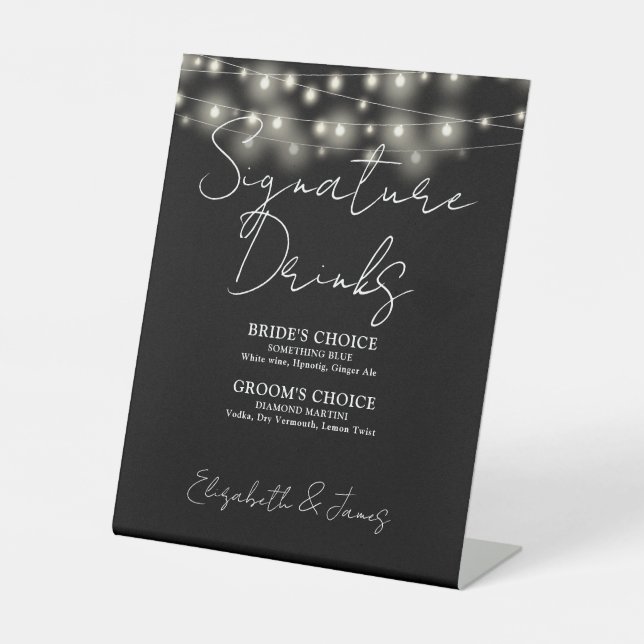 Signe De Table Noir Et Blanc Chaîne Lumières Signature Boissons (Recto)