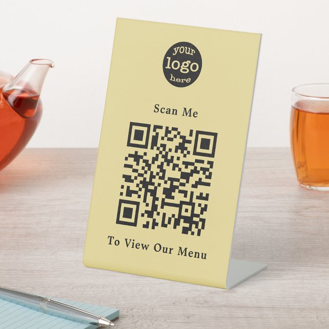 Signe De Table Noir moderne QR Code Restaurant Menu Logo (Modern Gold Black QR Code Restaurant Menu Logo Pedestal Sign)