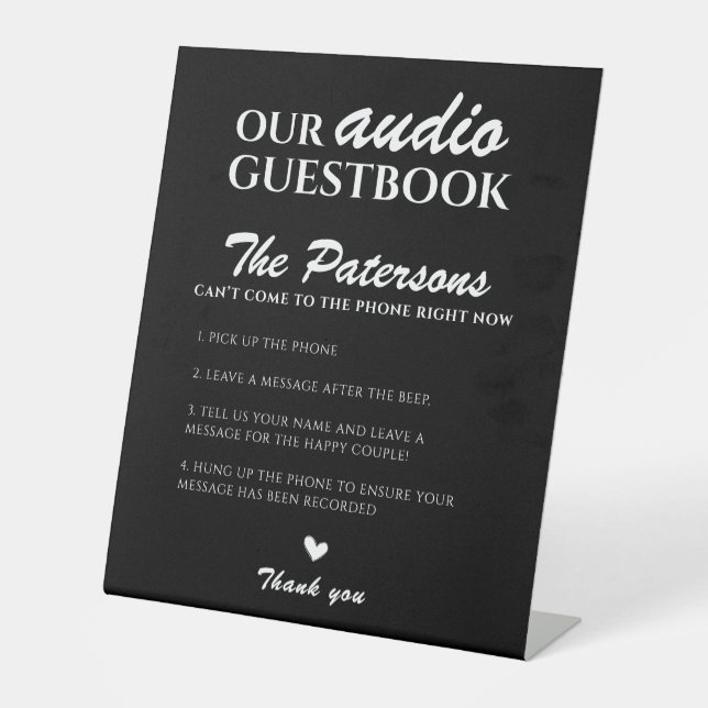 Signe De Table Notre Mariage Audio Guestbook Black White Modern (Recto)