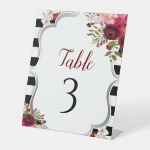 Signe De Table Numéro de table floral bordeaux noir et blanc
