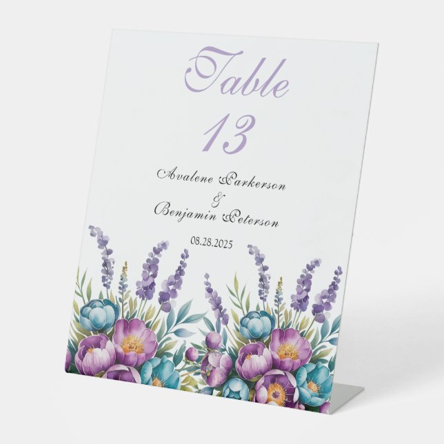 Signe De Table Numéros de table de mariage Fleurs sauvages violet (Recto)