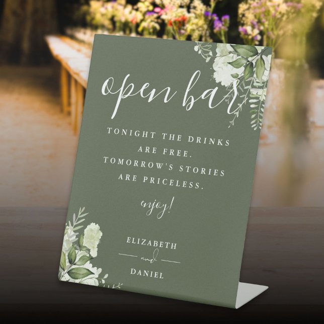 Signe De Table Olive Green Élégant Verdure Floral Open Bar (Olive Green Elegant Greenery Floral Open Bar Pedestal Sign)
