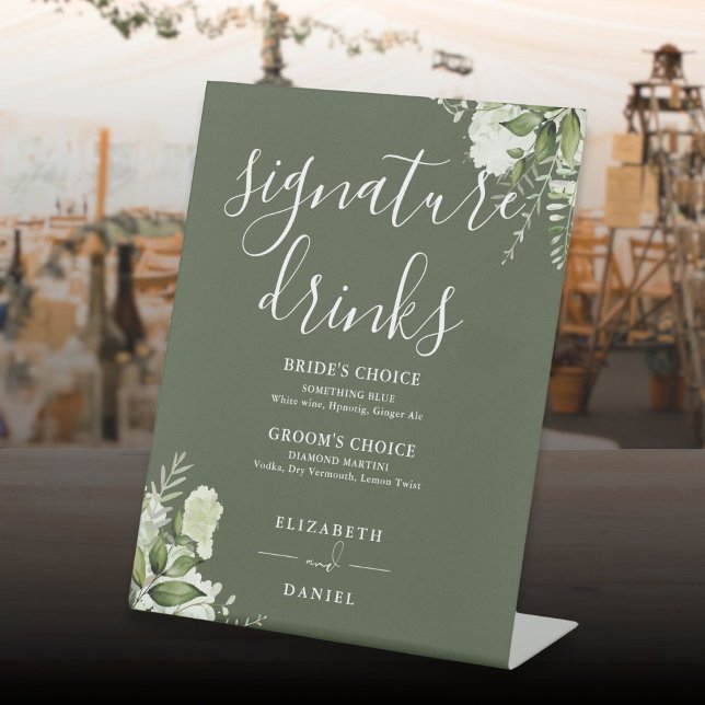 Signe De Table Olive Green Floral Mariage Signature Boissons (Olive Green Floral Wedding Signature Drinks Pedestal Sign)