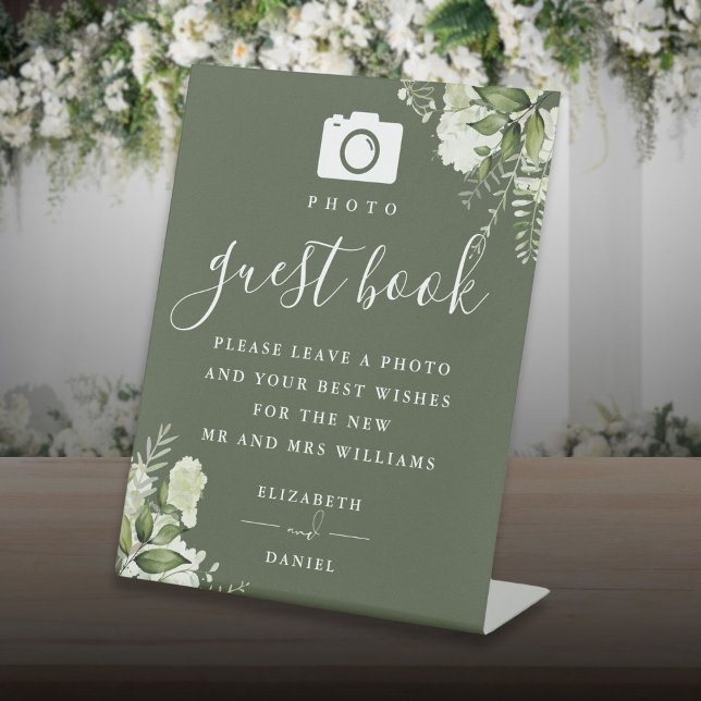 Signe De Table Olive Green Greenery Photo Mariage du livre d'or (Olive Green Greenery Photo Guest Book Wedding Pedestal Sign)