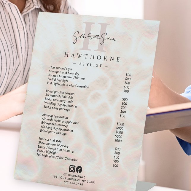 Signe De Table Opal Tarifs Rose Gold Luxe Élégant Monogramme (Créateur téléchargé)