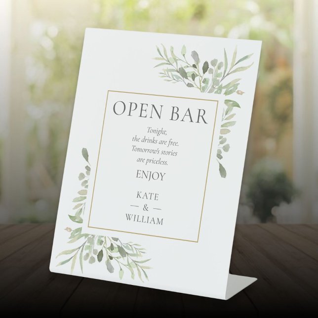 Signe De Table Open Bar Elegant Aquarelle Verdure (Open Bar Elegant Watercolor Greenery Pedestal Sign)
