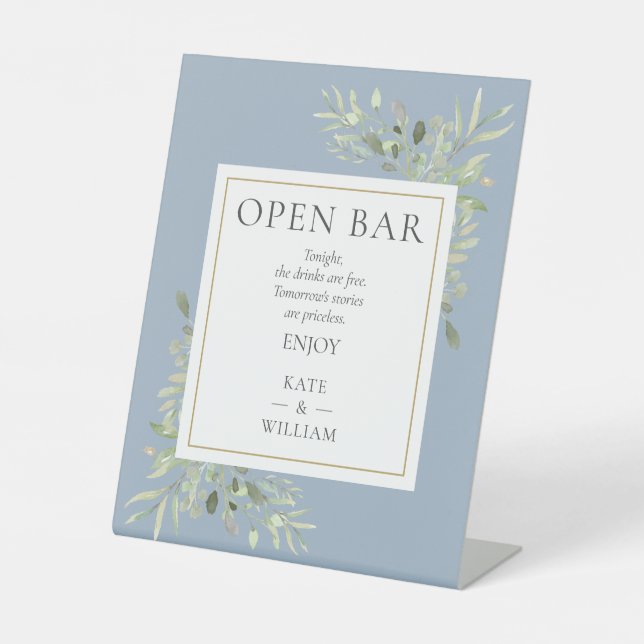 Signe De Table Open Bar Elegant Aquarelle Verdure Dusty Blue (Recto)