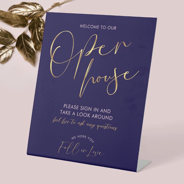 Signe De Table Open House Real Estate Professional Navy & Gold (Elegant navy and faux gold Open House welcome sign, great to welcome guests at your next event)