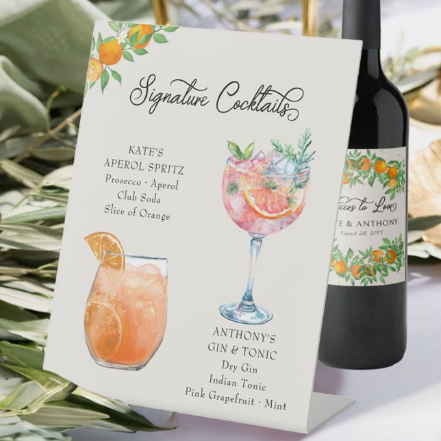 Signe De Table Orange Blossom Bride Groom Cocktails Bar Mariage (Bride and Groom Signature Cocktails Bar Sign from Orange Blossom Wedding Collection by Darling & May)
