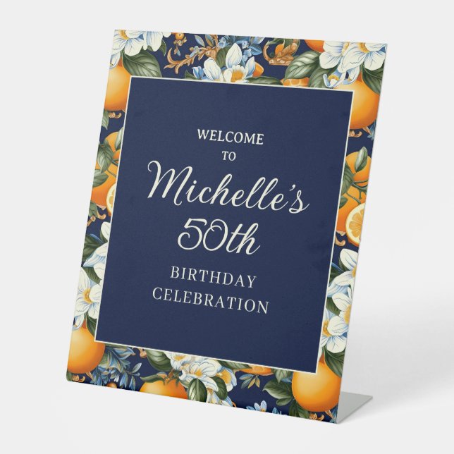 Signe De Table Oranges White Flowers Navy Blue Birthday Welcome (Recto)