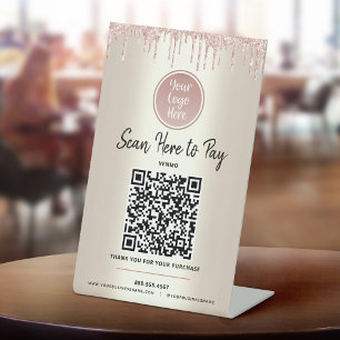 Signe De Table Paiement par Code QR Ici Paillettes Roses Logo Per