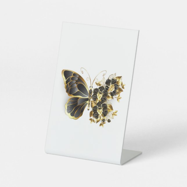 Signe De Table Papillon à fleurs d'or avec orchidée noire (Recto)