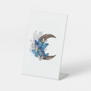Signe De Table Papillons bleus sur croissant en bois