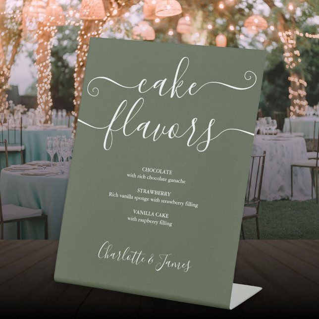 Signe De Table Parfums de gâteau à l'écriture cursive vert olive (Olive Green Signature Script Cake Flavors Pedestal Sign)