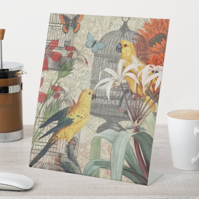 Signe De Table Parrot Jaune Tropical Antique Fleur (In SItu)