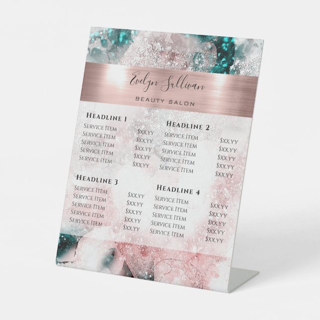 Signe De Table Parties scintillant Aquarelle Rose Gold Foil Tarif (Recto)