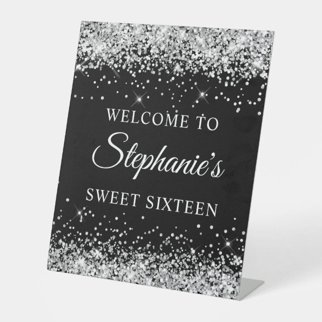 Signe De Table Parties scintillant argent Sweet sixteen noir Bien (Recto)