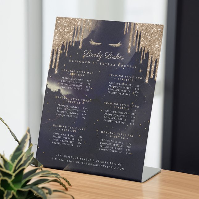 Signe De Table Parties scintillant de Glam Marine & Gold Services (Navy & Gold Glam Glitter Drips Eyelash Services Pedestal Sign)