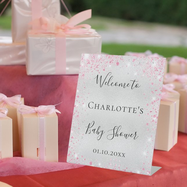 Signe De Table parties scintillant rose baby shower bienvenue (Créateur téléchargé)