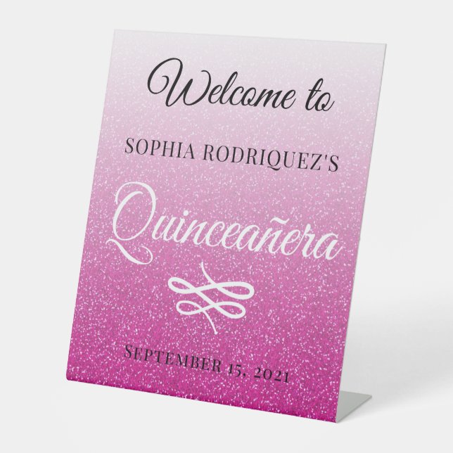 Signe De Table Parties scintillant rose chaud Quinceañera 15e ann (Recto)