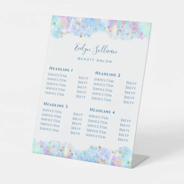 Signe De Table Pastel Aquarelle Bleu Parties scintillant Salon de (Recto)