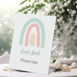 Signe De Table Pastel Minty Rainbow Baby shower Livre d'or