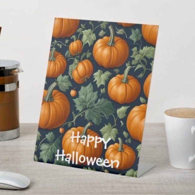 Signe De Table Patch de citrouilles feuillues (D: 8" x 10" display with 3" pedestal base. Available in 4 sizes Made of 1/16" white plastic.)