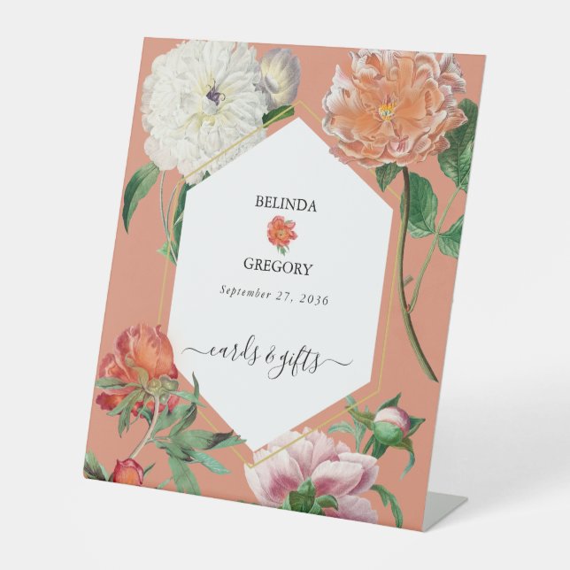 Signe De Table Peach Pink Peonies Fleurs Cartes de Mariage Cadeau (Recto)