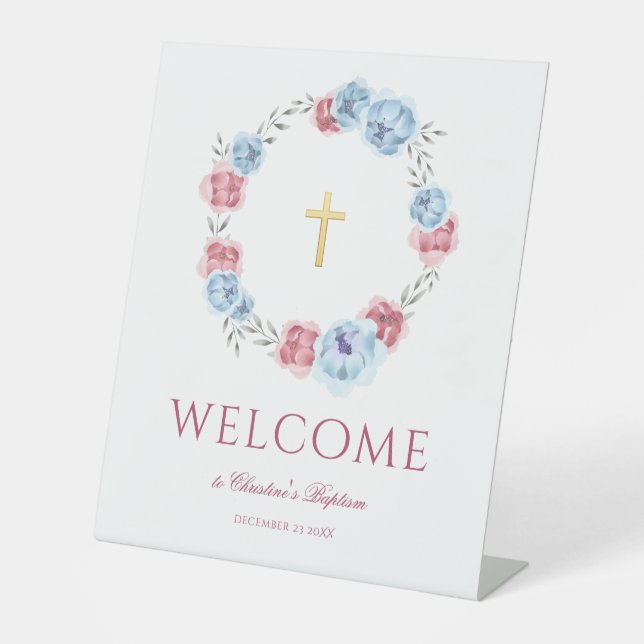 Signe De Table Peony Wreath Aquarelle Bienvenue Baptême (Recto)