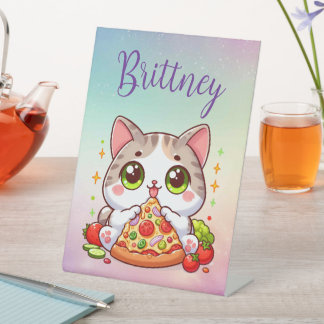 Signe De Table Personnalisé Kawaii Chat Manger Pizza Personnalisé