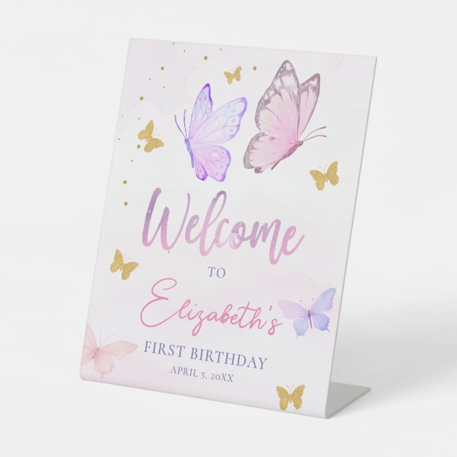 Signe De Table Petit Papillon rose violet fille Anniversaire Bien (Recto)