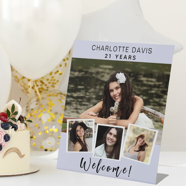 Signe De Table Photo collage lavande fête d'anniversaire bienvenu (Créateur téléchargé)