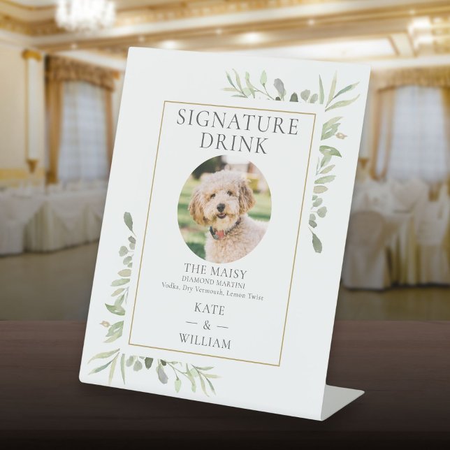 Signe De Table Photo de animal de compagnie Signature Boire Maria (Pet Photo Signature Drink Greenery Wedding Pedestal Sign)