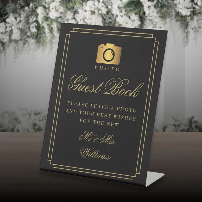Signe De Table Photo Livre D'Invité Art Déco Noir Et Or (Photo Guest Book Black And Gold Art Deco Pedestal Sign)