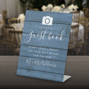 Signe De Table Photo Livre d'invité Blue Rustic Wood Signature Sc