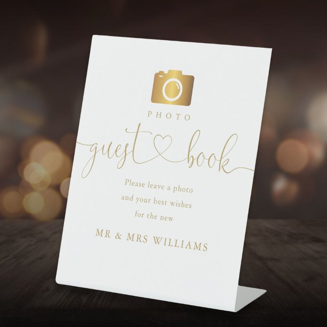 Signe De Table Photo Livre d'invité Modern Elegant Gold Script (Photo Guest Book Modern Elegant Gold Script Pedestal Sign)