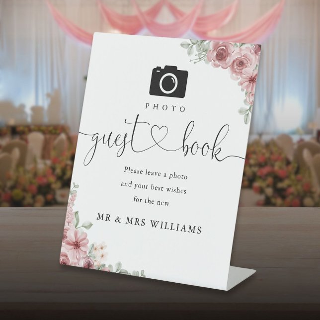 Signe De Table Photo Livre d'Invité Rose Floral Heart Script (Photo Guest Book Roses Floral Heart Script Pedestal Sign)
