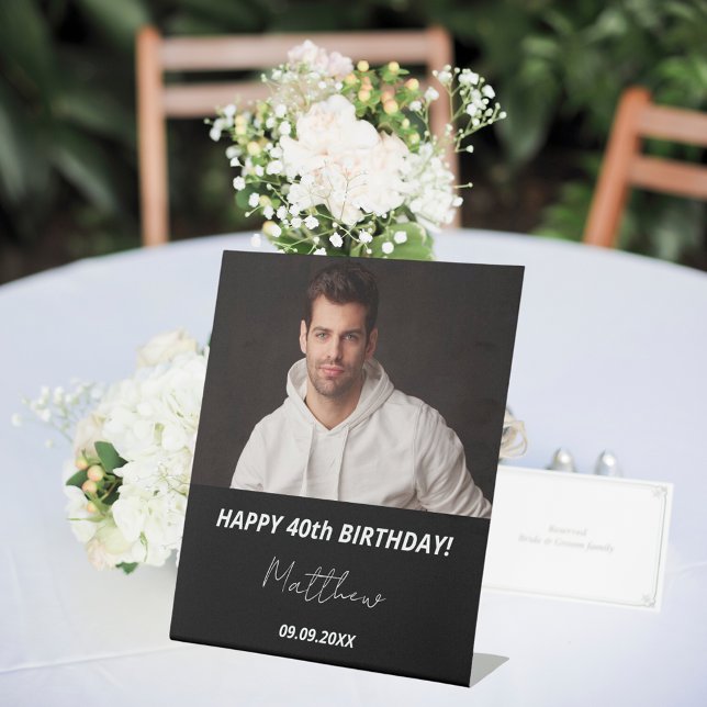 Signe De Table Photo personnalisée noir blanc gars 40e anniversai (Créateur téléchargé)