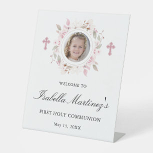 Signe De Table Photo personnalisée Première communion rose floral