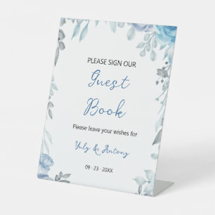 Signe De Table Piedestal de livre d'or floral bleu poussiéreux do