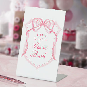 Signe De Table Pink Bow Crest Livre d'invité Signal de piédestal