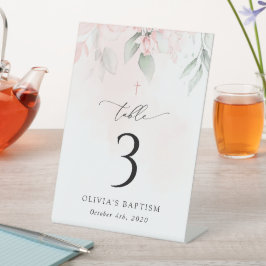 Signe De Table Pink Flowers, Greenery, Baptism Table Numbers