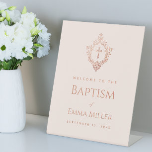 Signe De Table Pink Girl Baptism Rose Gold Crest Élégant Bienvenu