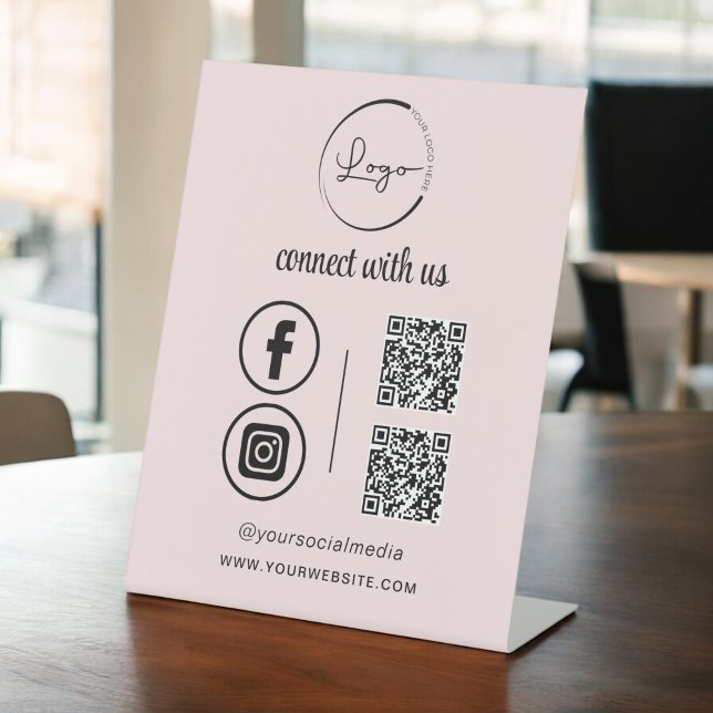 Signe De Table Pink QR Connect Us Business Logo Médias sociaux (Créateur téléchargé)