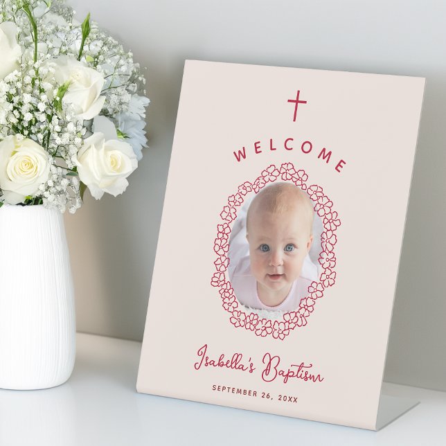 Signe De Table Pink & Red Girl Baptism Photo in Flower Wreath (Créateur téléchargé)