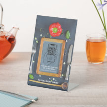 Porte-menu numérique gris avec code QR sur socle