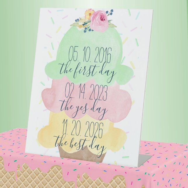 Signe De Table Premier Jour, Meilleur Jour, Oui Jour Nuptiale Crè (First Day, Yes Day, Best Day Scooped Up Ice Cream Bridal Shower Pedestal Sign)